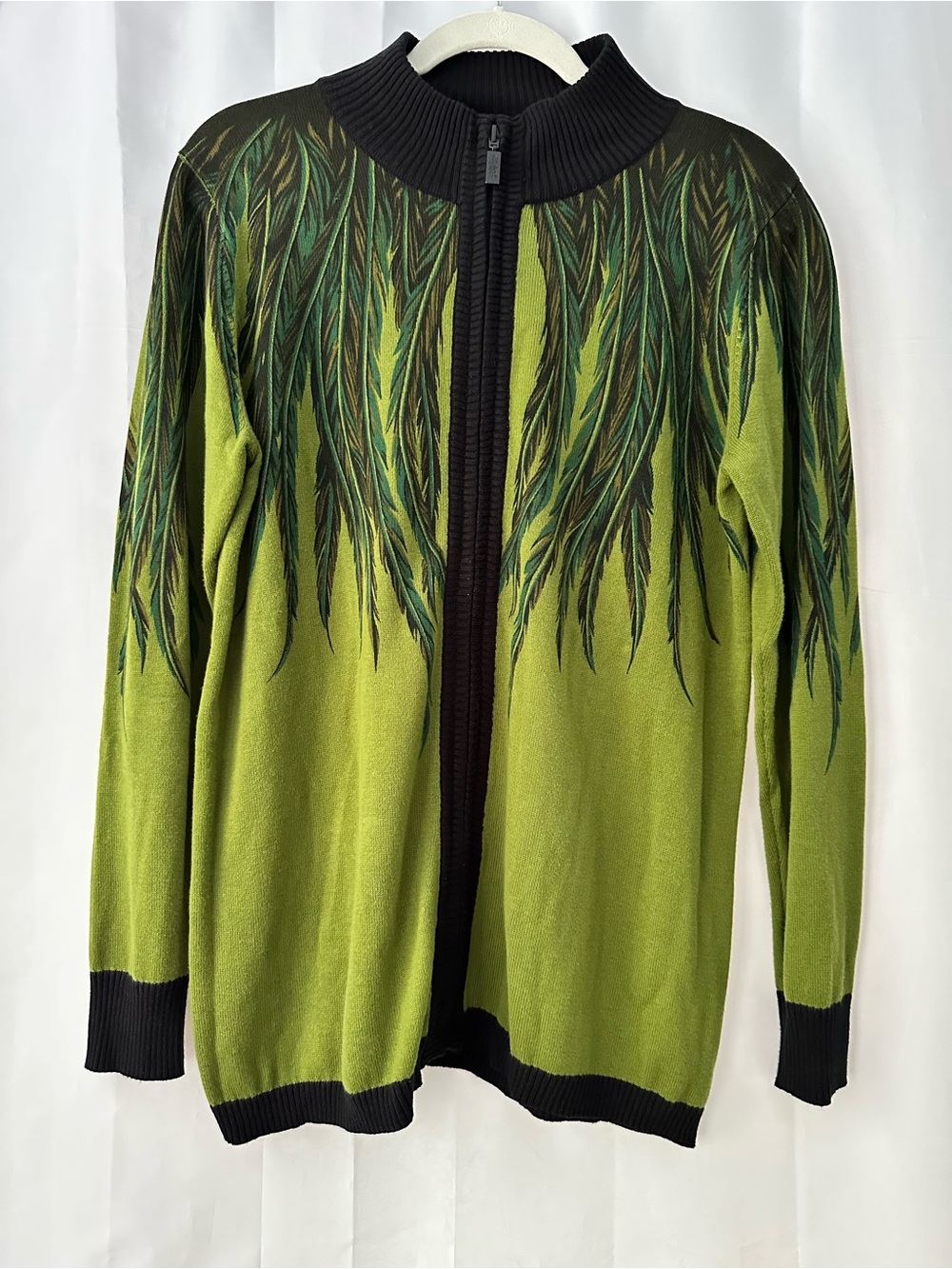 Bob Mackie Green and Black Knit Zipper Top Feather Wearable Art